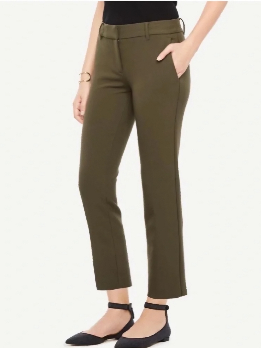 Ann Taylor Ankle Mid-Rise Work Pants Olive Green Bi-Stretch Slim Crop 8P Petite